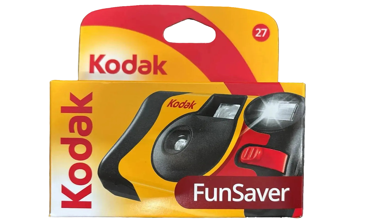Kodak FunSaver 35mm disposable camera with built-in flash, 27 exposures, ISO 800 colour film, in retail packaging